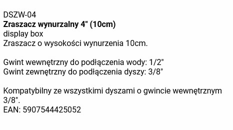 Zraszacz wynurzalny 1/2" 5cm bez dyszy DSZW-02